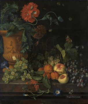 Classic Still Life Painting - Terracotta Vase with Flowers and Fruits Jan van Huysum Classic Still life